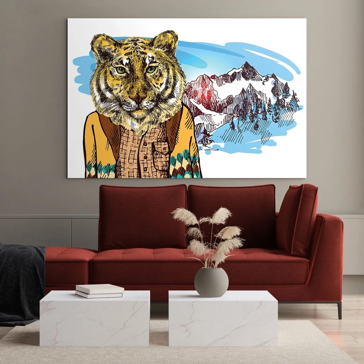 Obraz na szkle - Tygrys w kamizelce na tle górskiego krajobrazu - 70x50cm - Nie taki dziki jak go rysują - Nowoczesna dekoracja ścienna do salonu i sypialni ARTTOR