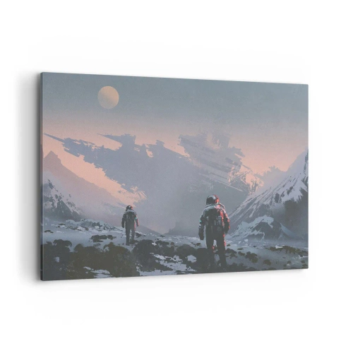 Obraz na płótnie - Astronauci na obcej planecie z wrakiem statku kosmicznego - 120x80cm - Pod nieznaną gwiazdą - Nowoczesna dekoracja ścienna do salonu, kuchni i sypialni ARTTOR