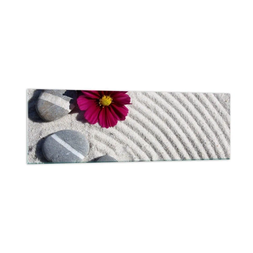 Obraz na szkle - Kamienie i różowy kwiat na piasku w stylu zen - 160x50cm - Energia i spokój magicznego kręgu natury - Nowoczesna dekoracja ścienna do salonu i sypialni ARTTOR