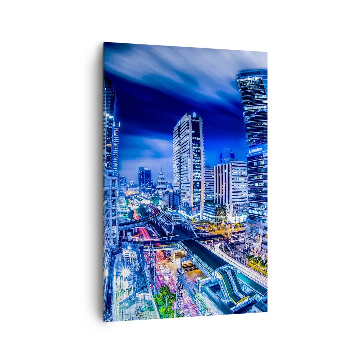 Obraz na płótnie - Nocna panorama miasta z drapaczami chmur i światłami ulic - 80x120cm - Rytmy nocnego miasta - Nowoczesna dekoracja ścienna do salonu i sypialni ARTTOR