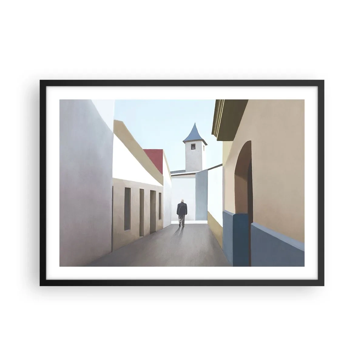 Plakat w czarnej ramie - Minimalistyczna uliczka z sylwetką mężczyzny w tle - 70x50cm - Słoneczny spacer - Nowoczesna dekoracja ścienna do salonu i sypialni ARTTOR