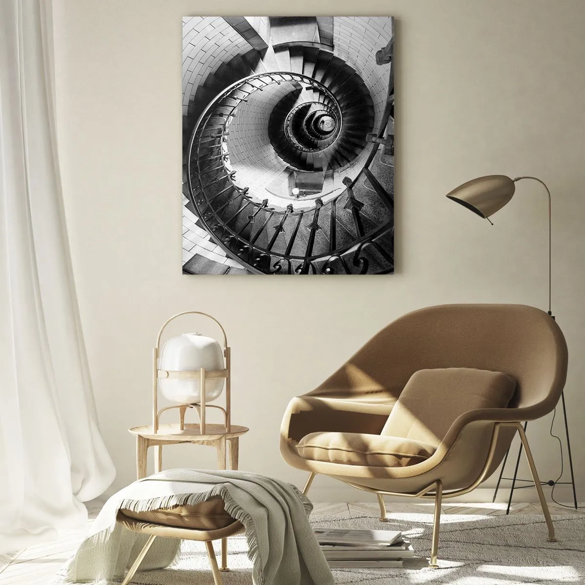 Obraz na szkle - Czarno-białe zdjęcie spiralnych schodów w perspektywie - 50x70cm - Wyżej i wyżej - Nowoczesna dekoracja ścienna do salonu, kuchni i sypialni ARTTOR