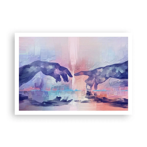 Plakat - Symboliczne dłonie w abstrakcyjnych barwach, odwołujące się do motywu stworzenia - 100x70cm - Boska iskra życia - Nowoczesna dekoracja ścienna do salonu i sypialni ARTTOR