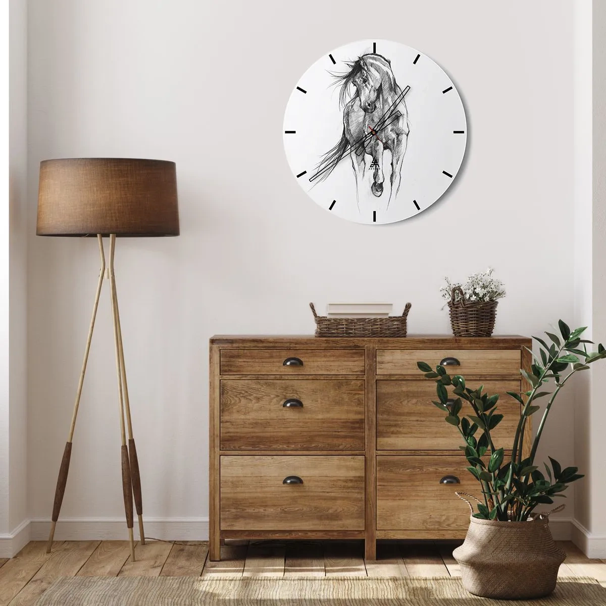 Zegar ścienny - Szkic galopującego konia wykonany ołówkiem na białym tle - 30x30cm - We wdzięcznym kłusie - Nowoczesna dekoracja ścienna do salonu, kuchni i sypialni ARTTOR