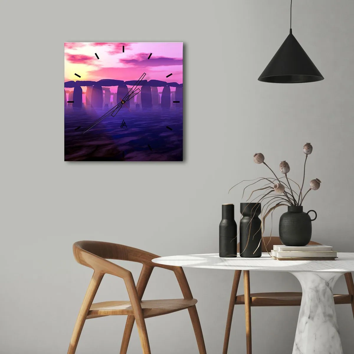 Zegar ścienny - Kamienny krąg o zachodzie słońca z fioletowym niebem - 30x30cm - Tajemnica o świcie we mgle - Nowoczesna dekoracja ścienna do salonu i sypialni ARTTOR