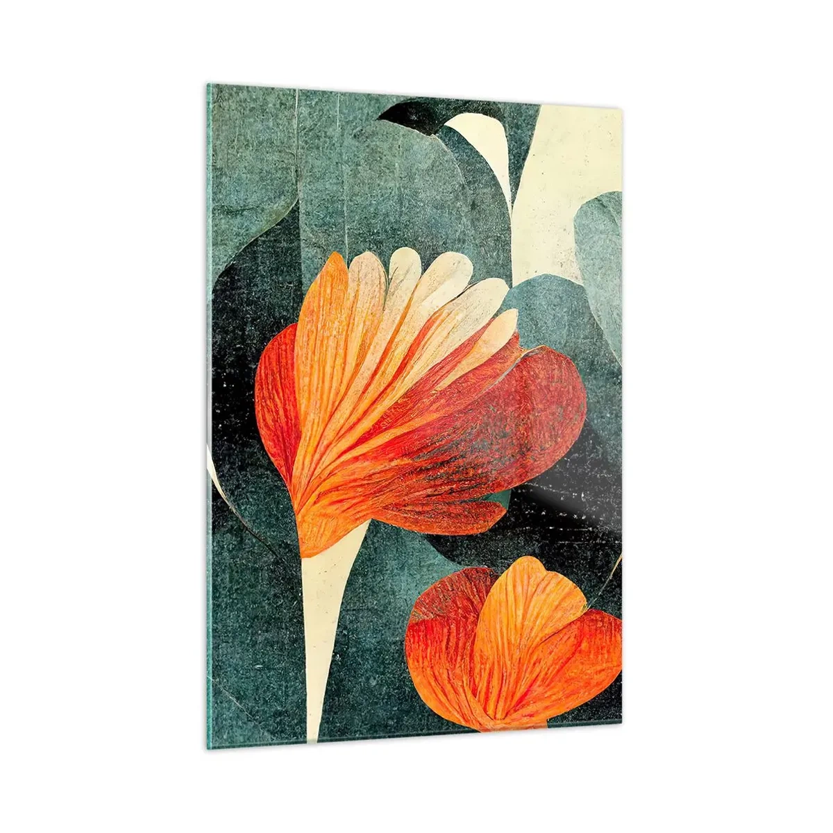 Obraz na szkle - Pomarańczowe kwiaty na tle ciemnozielonych liści - 50x70cm - Żar tropików i chłód zieleni - Nowoczesna dekoracja ścienna do salonu, kuchni i sypialni ARTTOR