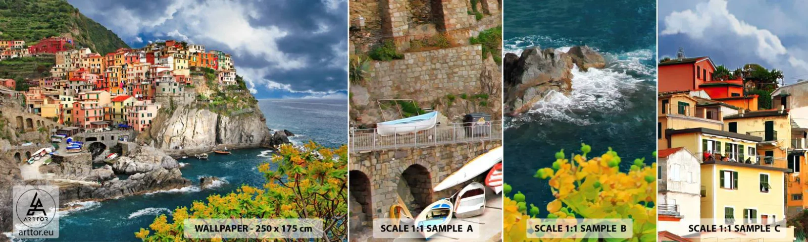 Fototapeta Próbka Samoprzylepna Deluxe Sticker - Gromadka przytulona do skał - Krajobraz, Architektura, Włochy - 100x30 cm