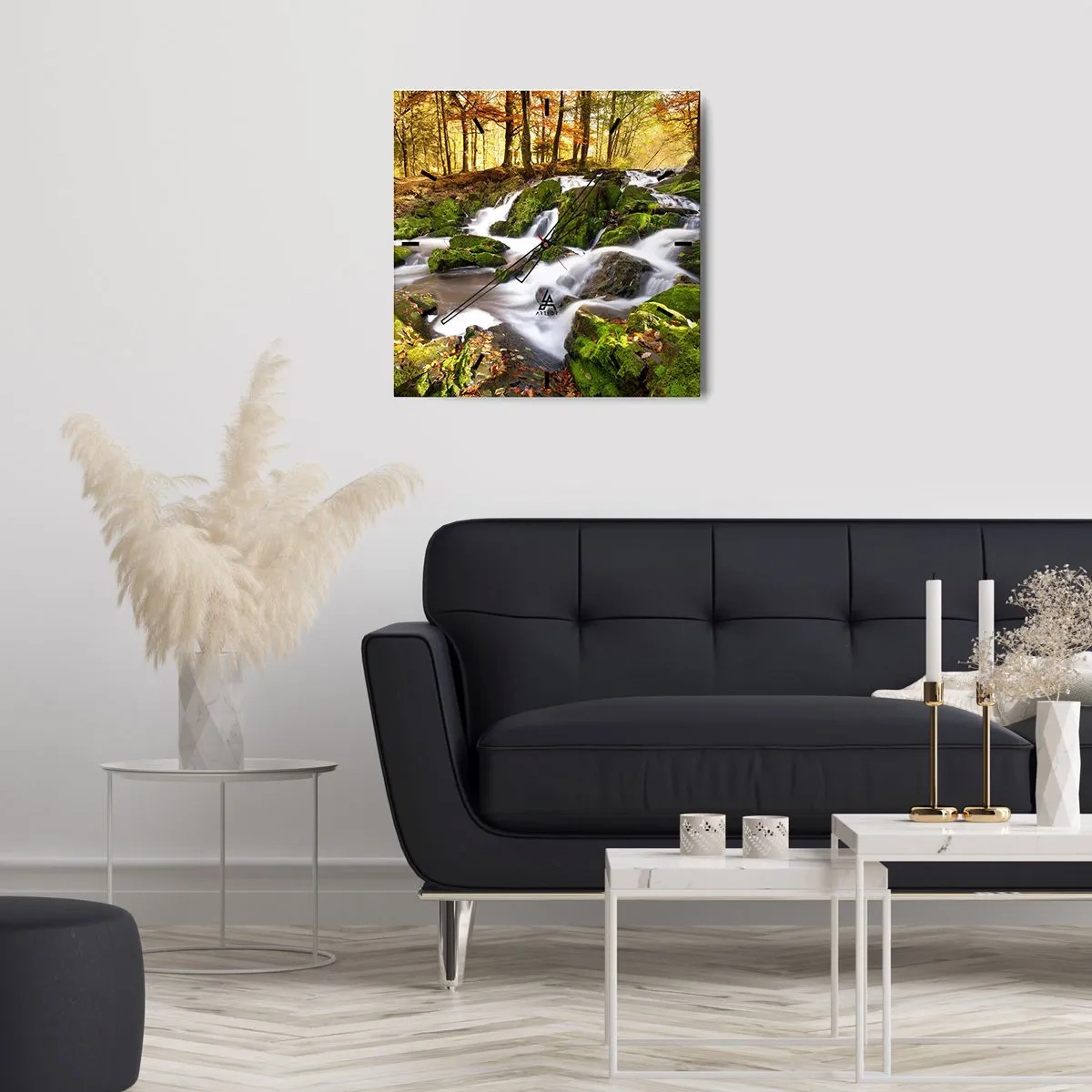 Zegar ścienny - Zalesiony krajobraz z wodospadem otoczonym mchem - 30x30cm - Bystro przez jesienny las - Nowoczesna dekoracja ścienna do salonu i sypialni ARTTOR