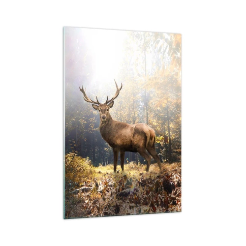 Obraz na szkle - Jeleń w jesiennym lesie z promieniami słońca - 70x100cm - W pełnym majestacie - Nowoczesna dekoracja ścienna do salonu i sypialni ARTTOR