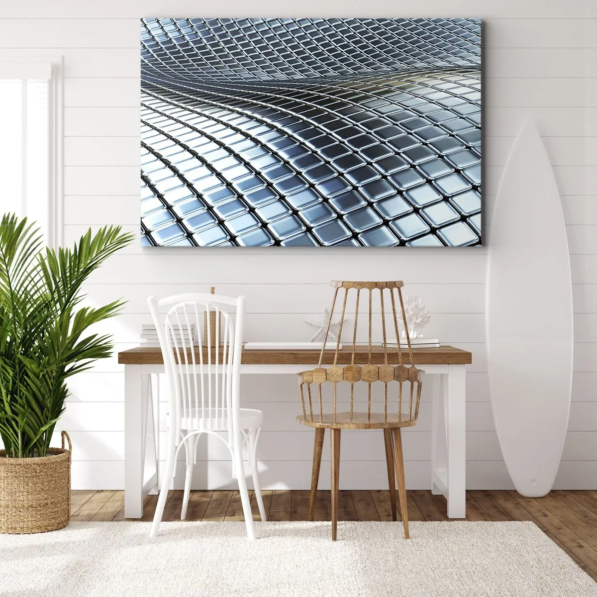 Obraz na płótnie - Nowoczesna struktura z metalicznych kwadratów - 70x50cm - Metaliczna srebrna fala - Nowoczesna dekoracja ścienna do salonu i sypialni ARTTOR