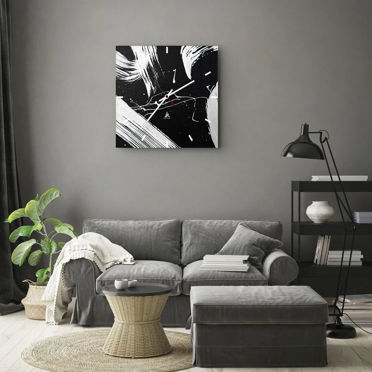 Zegar ścienny - Abstrakcyjne białe pociągnięcia na czarnym tle - 30x30cm - Przełamać mrok - Nowoczesna dekoracja ścienna do salonu i sypialni ARTTOR