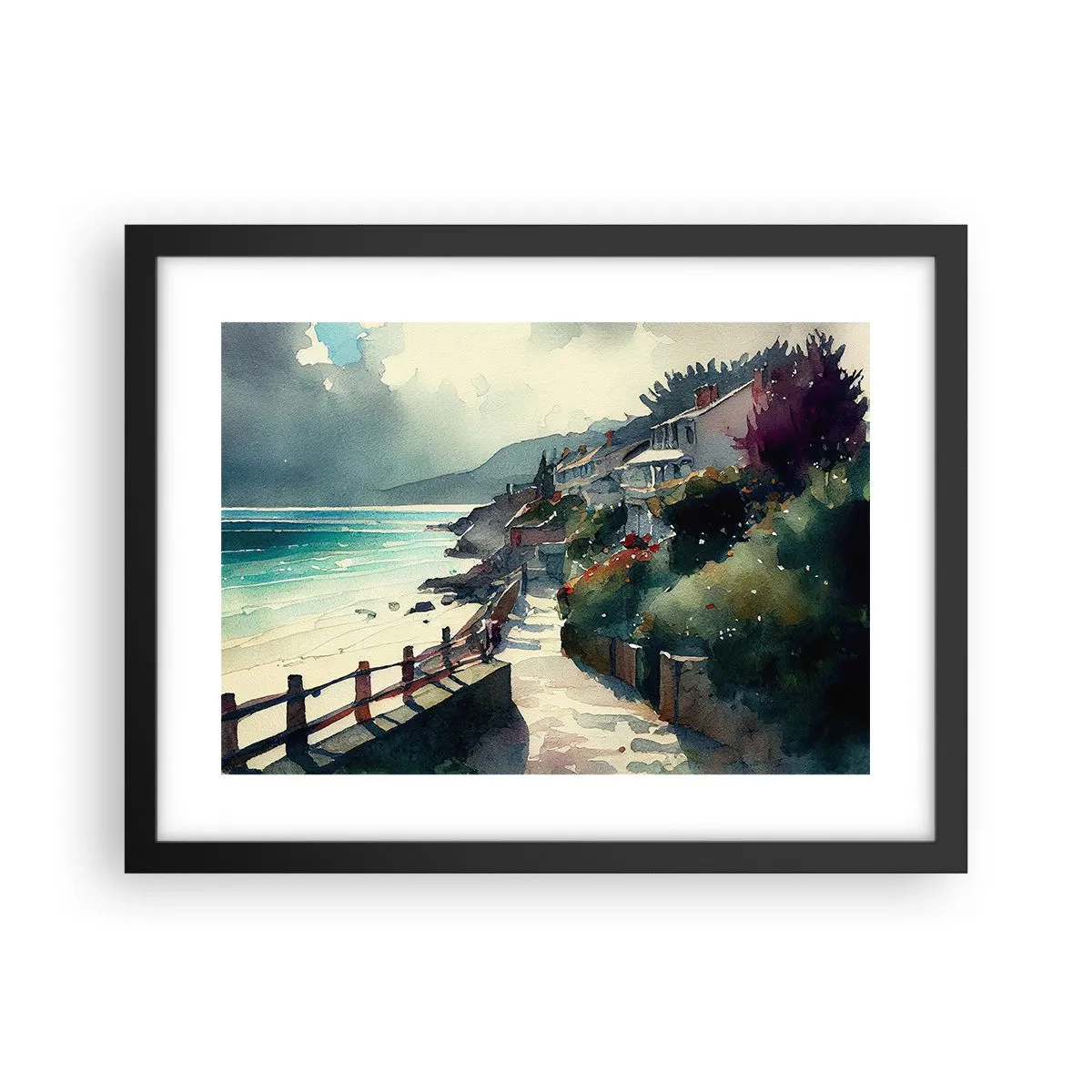 Plakat w czarnej ramie - Śródziemnomorskie miasteczko - 40x30 cm