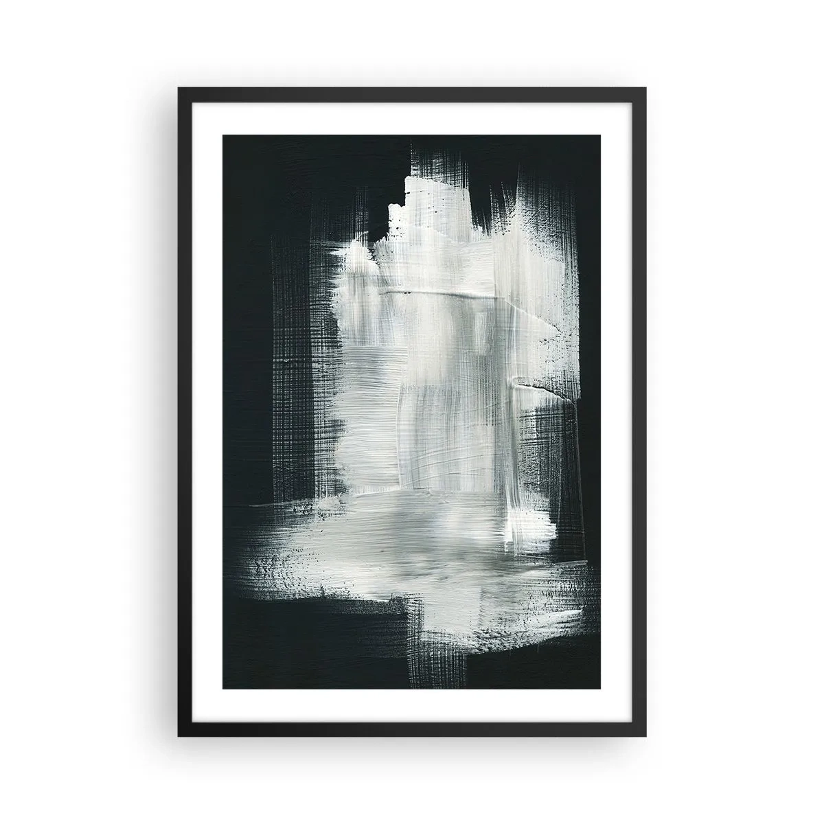 Plakat w czarnej ramie - Abstrakcyjna kompozycja w bieli na ciemnym tle - 50x70cm - Utkane z pionu i poziomu - Nowoczesna dekoracja ścienna do salonu i sypialni ARTTOR
