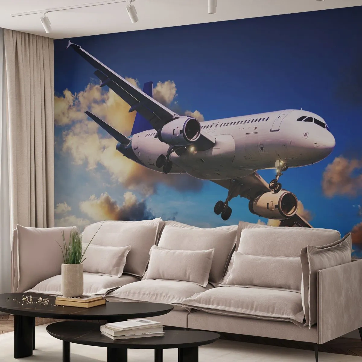 Fototapeta Premium Canvas - Podróż w bieli i błękicie - Samolot Pasażerski, Podróż, Niebo Z Chmurami - 250x175 cm