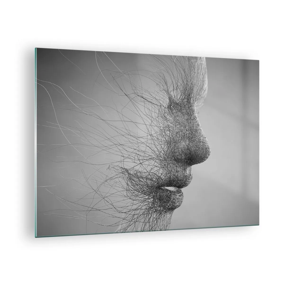 Obraz na szkle - Czarno-biały abstrakcyjny profil twarzy z liniami - 70x50cm - Duch wiatru - Nowoczesna dekoracja ścienna do salonu i sypialni ARTTOR