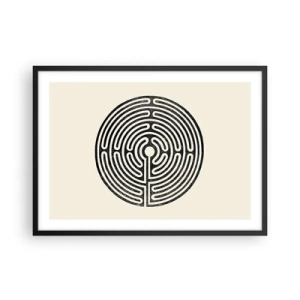 Plakat w czarnej ramie - Czarno-biały okrągły labirynt na jasnym tle - 70x50cm - Tajemniczy porządek - Nowoczesna dekoracja ścienna do salonu i sypialni ARTTOR