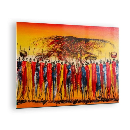 Obraz na szkle - Barwna scena z ludźmi w tradycyjnych afrykańskich strojach - 70x50cm - Tam, tam, tam tam idą - Nowoczesna dekoracja ścienna do salonu i sypialni ARTTOR
