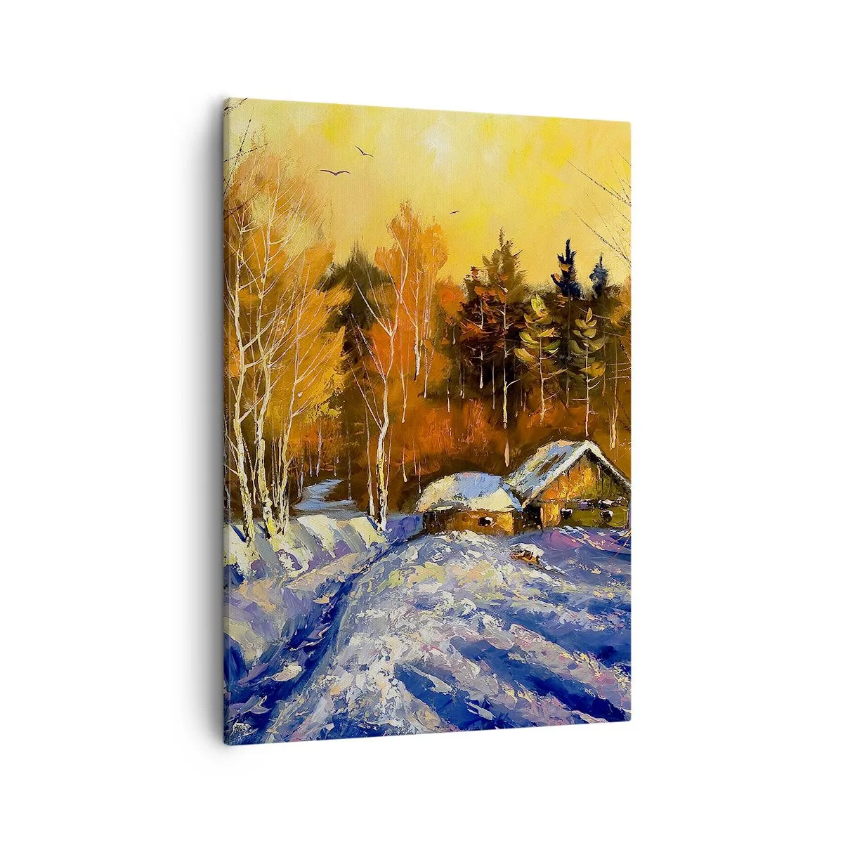 Obraz na płótnie - Zimowa impresja w słońcu - Zimowy pejzaż z domkiem w lesie - 50x70cm