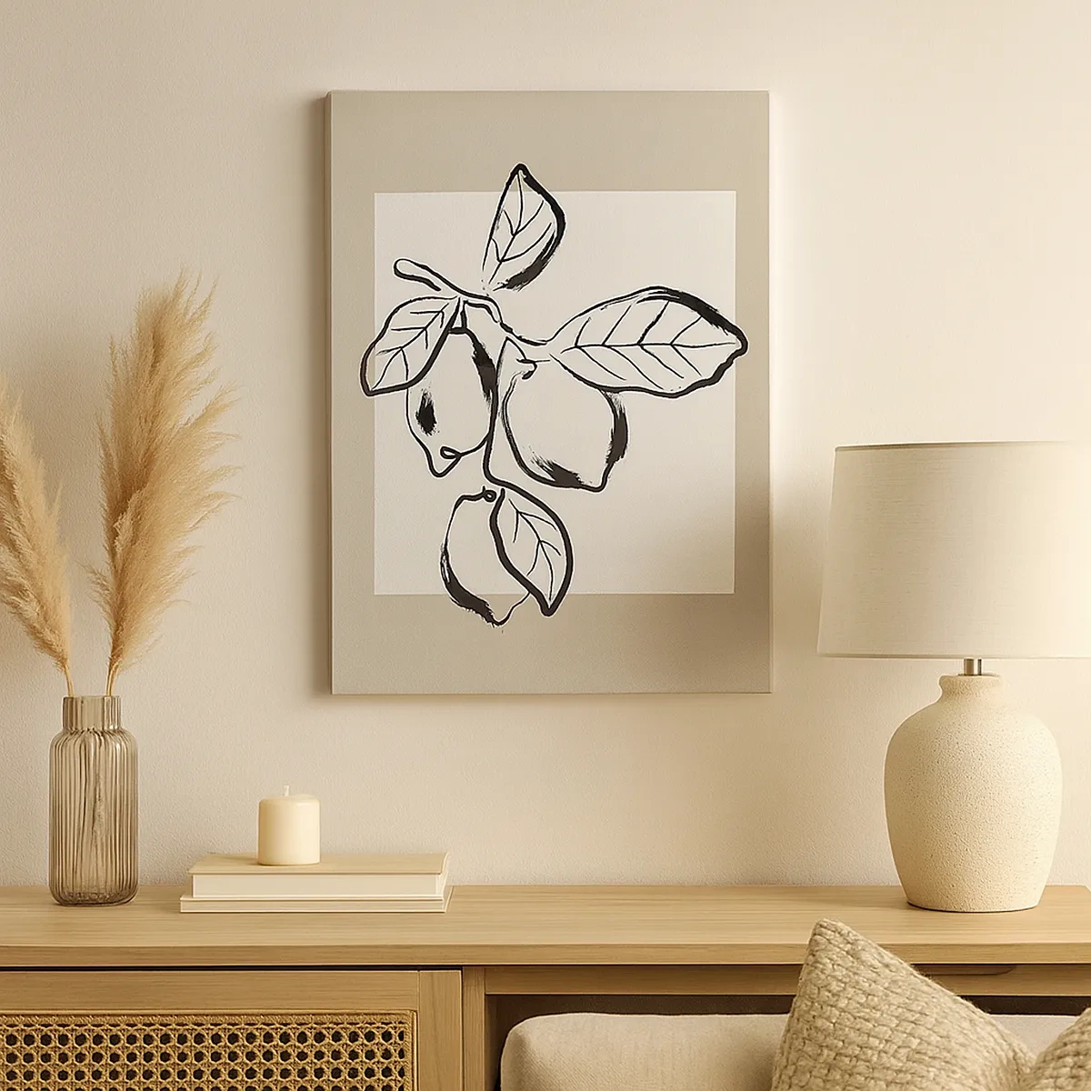 Obraz na płótnie - Minimalistyczna ilustracja cytryn na gałązce w czerni i bieli - 50x70cm - Gdzie cytryna dojrzewa… - Nowoczesna dekoracja ścienna do salonu, kuchni i sypialni ARTTOR