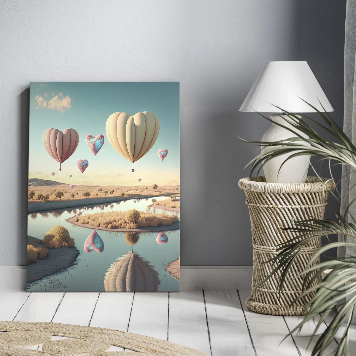 Obraz na płótnie - Balony w kształcie serc unoszące się nad malowniczym krajobrazem z rzeką - 50x70cm - Miłość pozwala wznieść się - Nowoczesna dekoracja ścienna do salonu, kuchni i sypialni ARTTOR