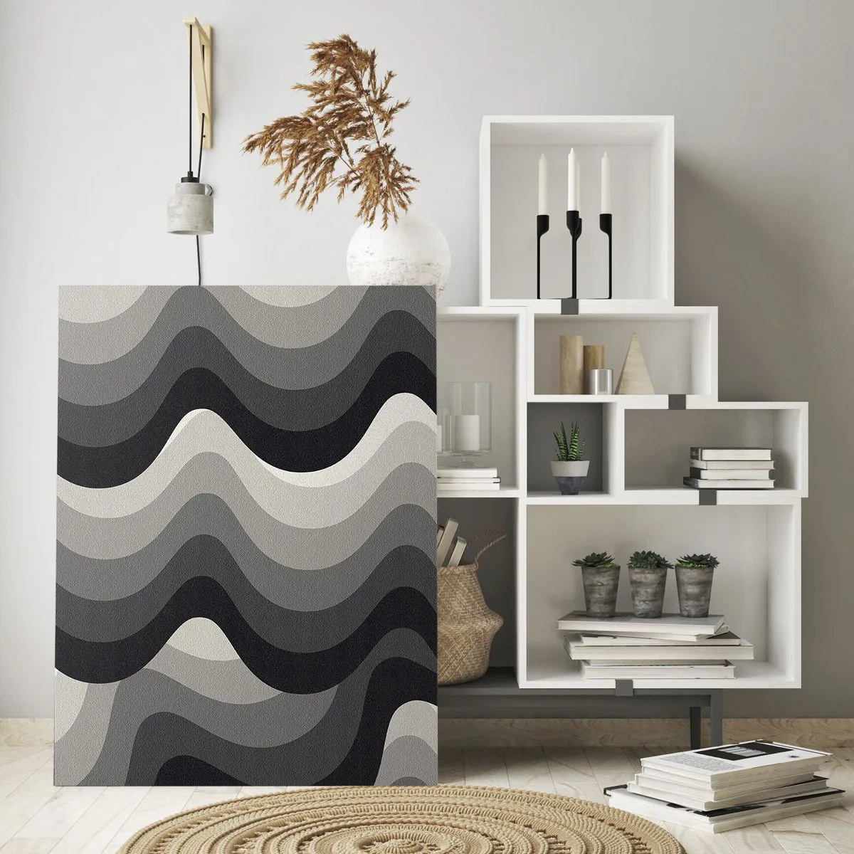 Obraz na szkle - Czarno-białe faliste wzory w odcieniach szarości - 70x100cm - Fala za falą - Nowoczesna dekoracja ścienna do salonu i sypialni ARTTOR