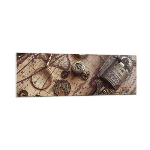 Obraz na szkle - Zabytkowe przedmioty na starej mapie w retro stylu - 160x50cm - Przygoda wzywa - Nowoczesna dekoracja ścienna do salonu i sypialni ARTTOR
