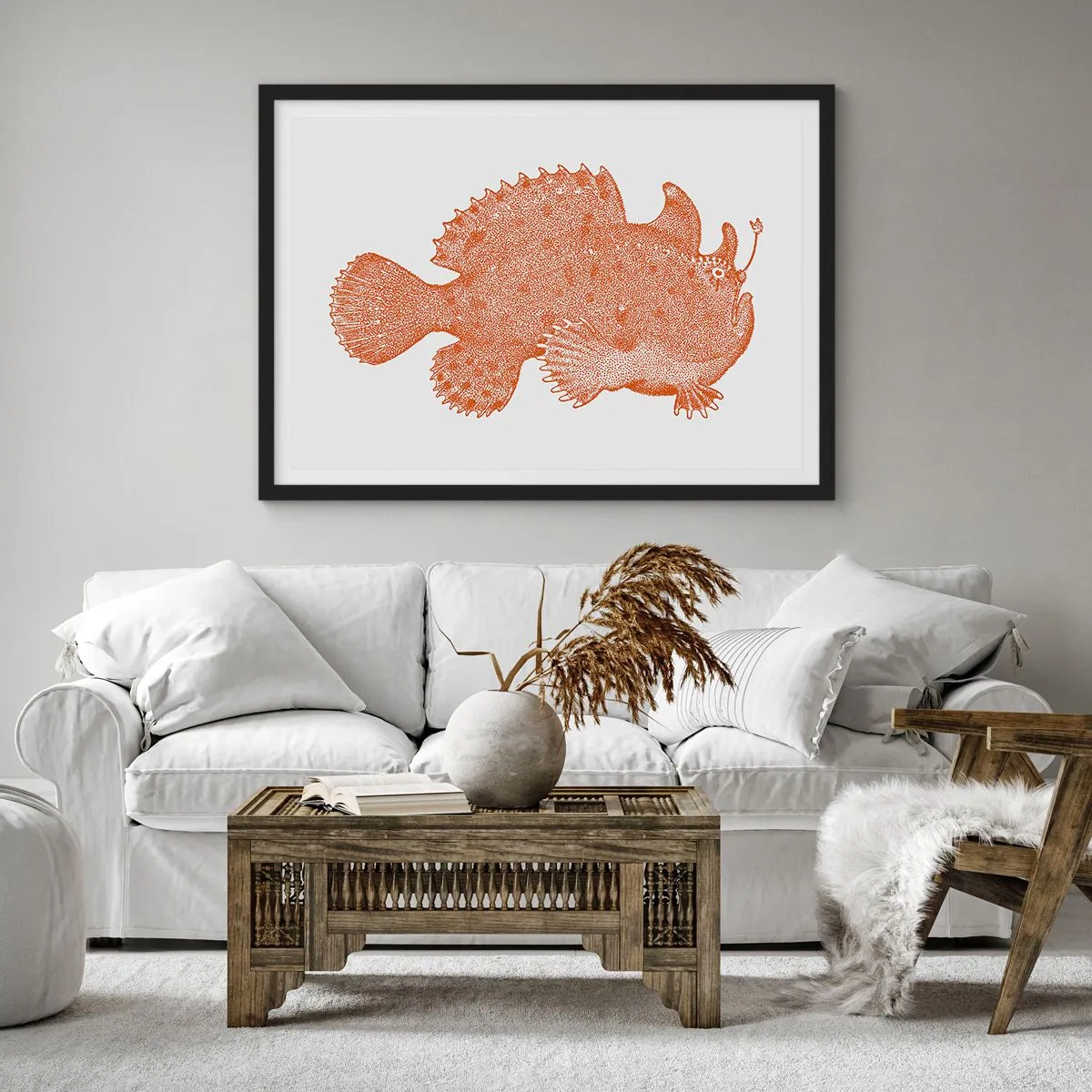 Plakat w czarnej ramie - Detaliczny rysunek ryby w kolorze miedzianym na białym tle - 70x50cm - A jednak ryba - Nowoczesna dekoracja ścienna do salonu i sypialni ARTTOR