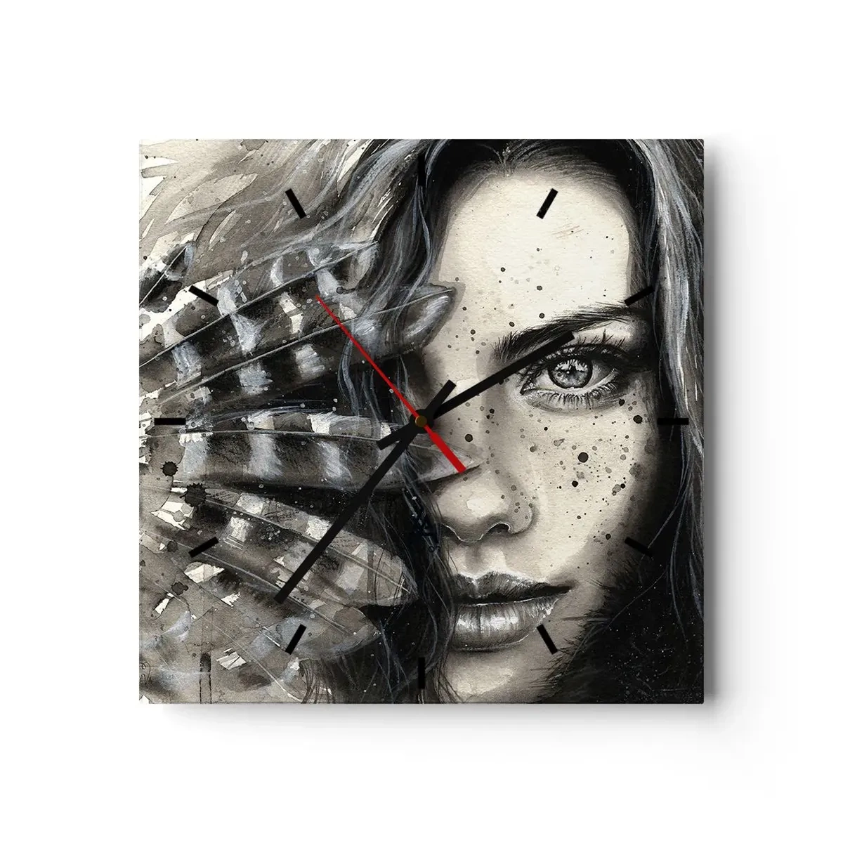 Zegar ścienny - Artystyczny portret kobiety z abstrakcyjnymi detalami - 30x30cm - Dzika piękność - Nowoczesna dekoracja ścienna do salonu i sypialni ARTTOR