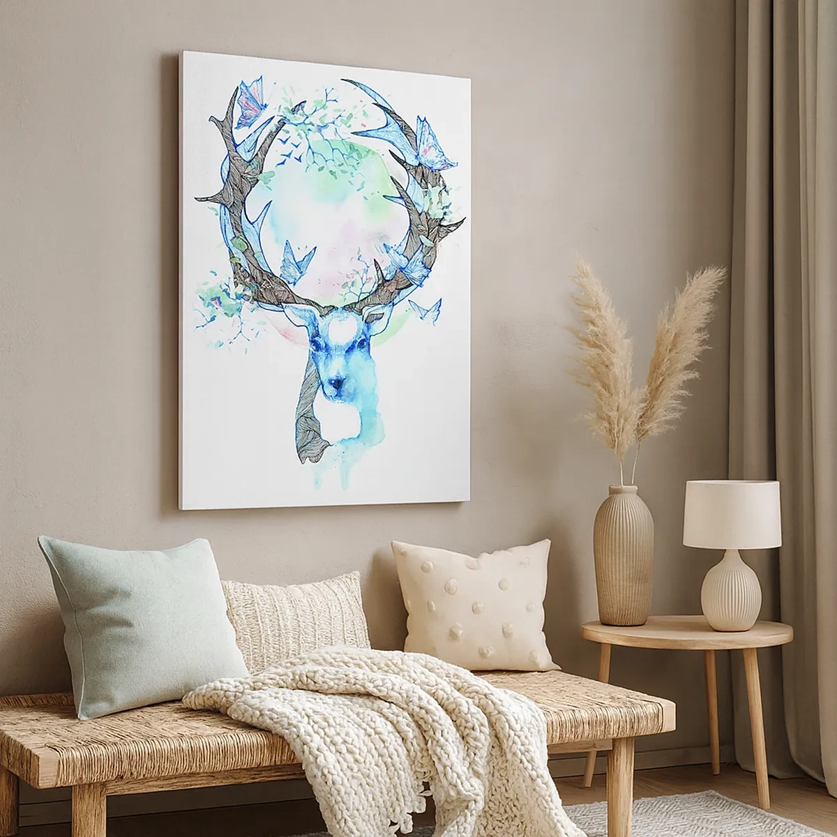 Obraz na płótnie - Jeleń z motylami - 50x70cm - Siła i delikatność natury - Nowoczesna dekoracja ścienna do salonu, kuchni i sypialni ARTTOR