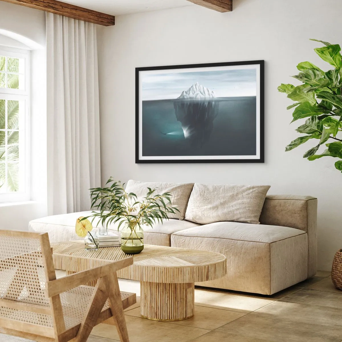 Plakat w czarnej ramie - Góra lodowa w wodzie z nurkiem i reflektorem pod powierzchnią - 70x50cm - Podwodna tajemnica - Nowoczesna dekoracja ścienna do salonu i sypialni ARTTOR