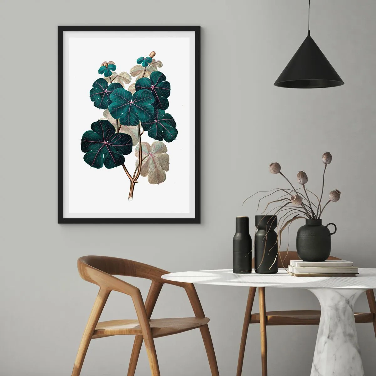 Plakat w czarnej ramie - Ilustracja botaniczna z ciemnozielonymi liśćmi na jasnym tle - 50x70cm - Ze starego zielnika - Nowoczesna dekoracja ścienna do salonu i sypialni ARTTOR
