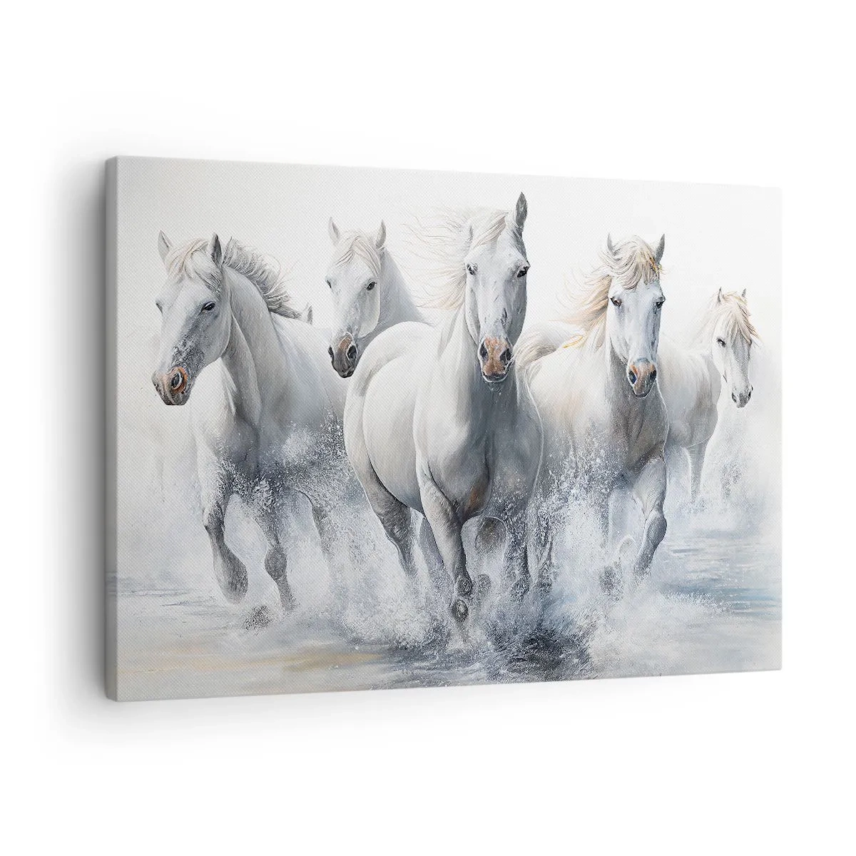 Obraz na płótnie - Białe konie galopujące przez wodę - 70x50cm - Biała magia - Nowoczesna dekoracja ścienna do salonu i sypialni ARTTOR