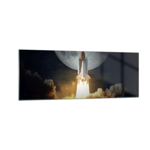 Obraz na szkle - Rakieta startująca na tle pełni księżyca w otoczeniu dynamicznych chmur - 140x50cm - Początek nieziemskiej przygody - Nowoczesna dekoracja ścienna do salonu i sypialni ARTTOR