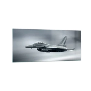 Obraz na szkle - Myśliwiec w locie na tle pochmurnego nieba - 120x50cm - Rzucisz wyzwanie? - Nowoczesna dekoracja ścienna do salonu i sypialni ARTTOR
