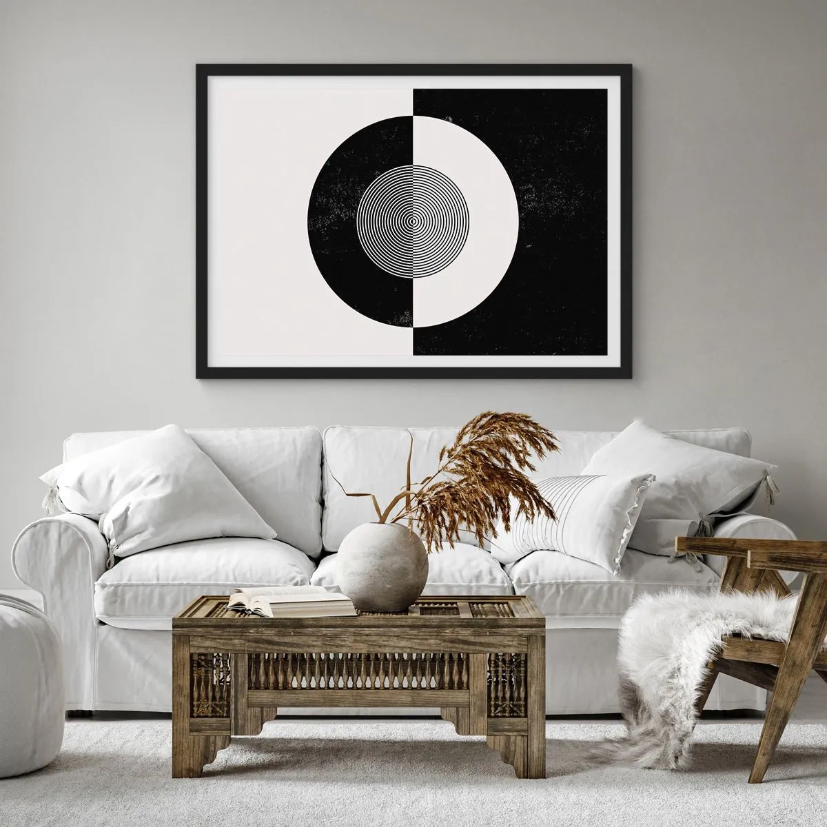 Plakat w czarnej ramie - Graficzny wzór w kontrastujących czerni i bieli - 100x70cm - Harmonia w czerni i bieli - Nowoczesna dekoracja ścienna do salonu i sypialni ARTTOR