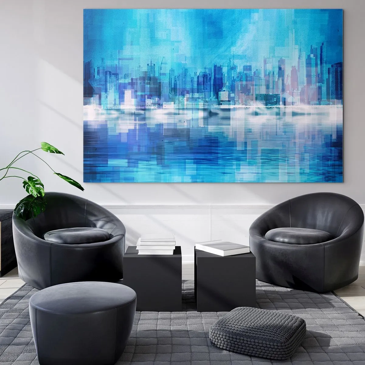 Obraz na szkle - Nowoczesna panorama miasta w odcieniach błękitu - 70x50cm - Zatopione w błękicie - Nowoczesna dekoracja ścienna do salonu i sypialni ARTTOR