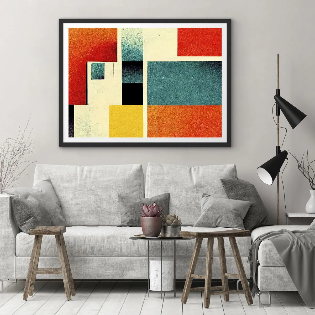 Plakat w czarnej ramie - Geometryczna abstrakcja z kolorowymi prostokątami i kwadratami - 70x50cm - Abstrakcja geometryczna – dobra energia - Nowoczesna dekoracja ścienna do salonu i sypialni ARTTOR