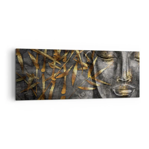 Obraz na płótnie - Zen wizerunek Buddy z złotymi bambusami - 140x50cm - Poczuj spokój - Nowoczesna dekoracja ścienna do salonu i sypialni ARTTOR