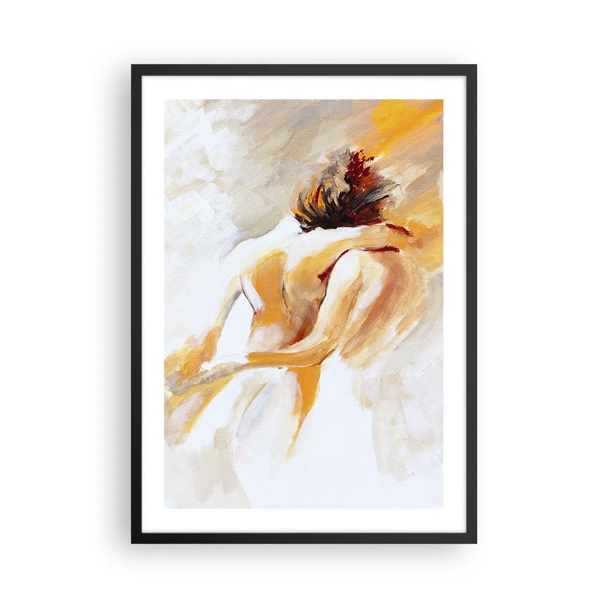 Plakat w czarnej ramie - Abstrakcyjna para w ciepłych kolorach na jasnym tle - 50x70cm - W niebie bliskości - Nowoczesna dekoracja ścienna do salonu i sypialni ARTTOR