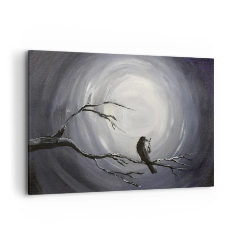Obraz na płótnie - Czarny ptak na gałęzi w świetle księżyca - 120x80cm - Klucz do tajemnicy nocy - Nowoczesna dekoracja ścienna do salonu, kuchni i sypialni ARTTOR
