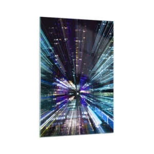 Obraz na szkle - Dynamiczny widok miasta nocą z efektem świetlnym - 70x100cm - Przejście w nadprzestrzeń - Nowoczesna dekoracja ścienna do salonu i sypialni ARTTOR