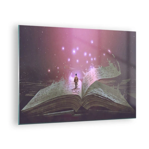 Obraz na szkle - Otwartą księgę, z której unosi się magiczne światło i gwiazdy - 70x50cm - Zaproszenie do innego świata - przeczytaj! - Nowoczesna dekoracja ścienna do salonu i sypialni ARTTOR