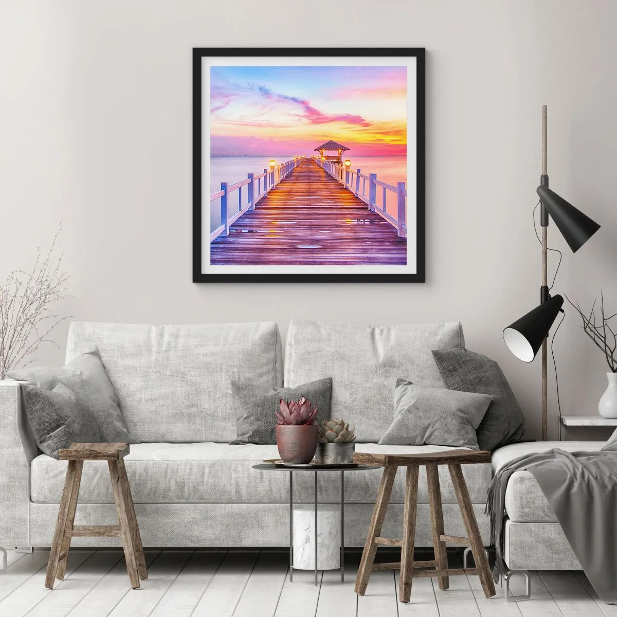 Plakat w czarnej ramie - Liliowo-złota cisza wieczoru - 50x50 cm