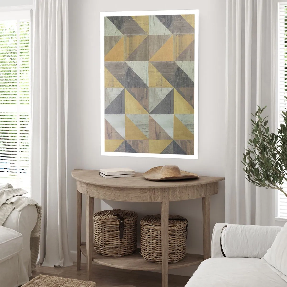 Plakat - Geometryczny wzór w odcieniach złota i szarości - 50x70cm - Pod kątem trójkąta - Nowoczesna dekoracja ścienna do salonu, kuchni i sypialni ARTTOR