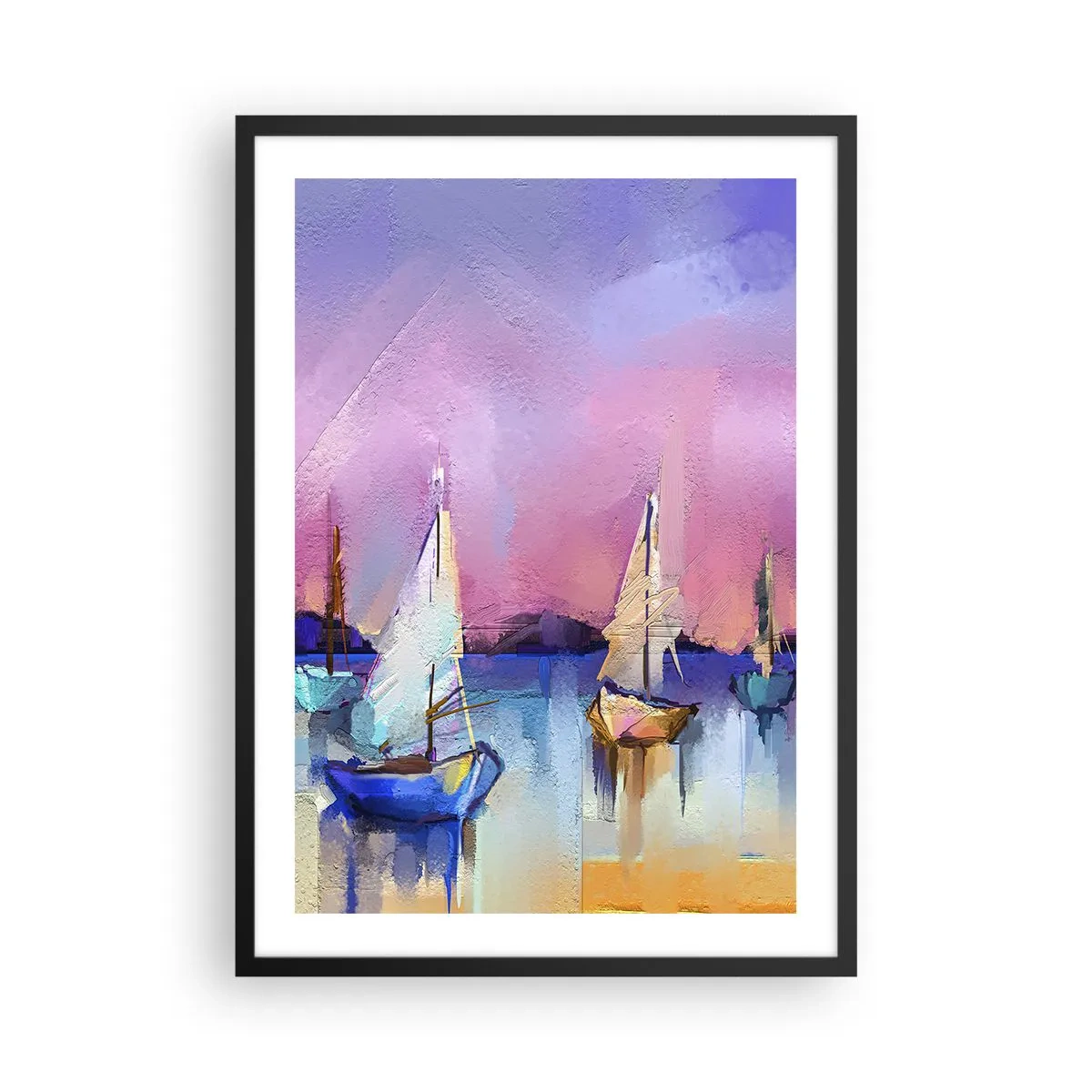 Plakat w czarnej ramie - Abstrakcyjne żaglówki na kolorowym tle - 50x70cm - Kierunek: szerokie wody - Nowoczesna dekoracja ścienna do salonu i sypialni ARTTOR