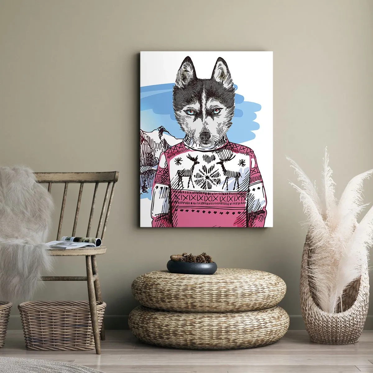 Obraz na płótnie - Ilustracja psa w zimowym swetrze na tle gór - 50x70cm - Wilk w owczej wełnie - Nowoczesna dekoracja ścienna do salonu, kuchni i sypialni ARTTOR