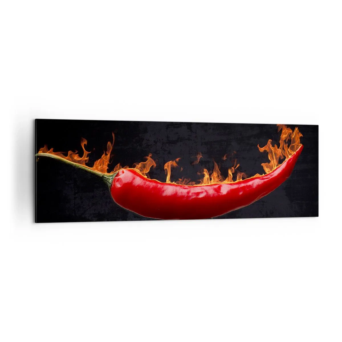 Obraz na płótnie - Płonąca czerwona papryczka na widelcu - 160x50cm - Ognista zakąska - Nowoczesna dekoracja ścienna do salonu i sypialni ARTTOR