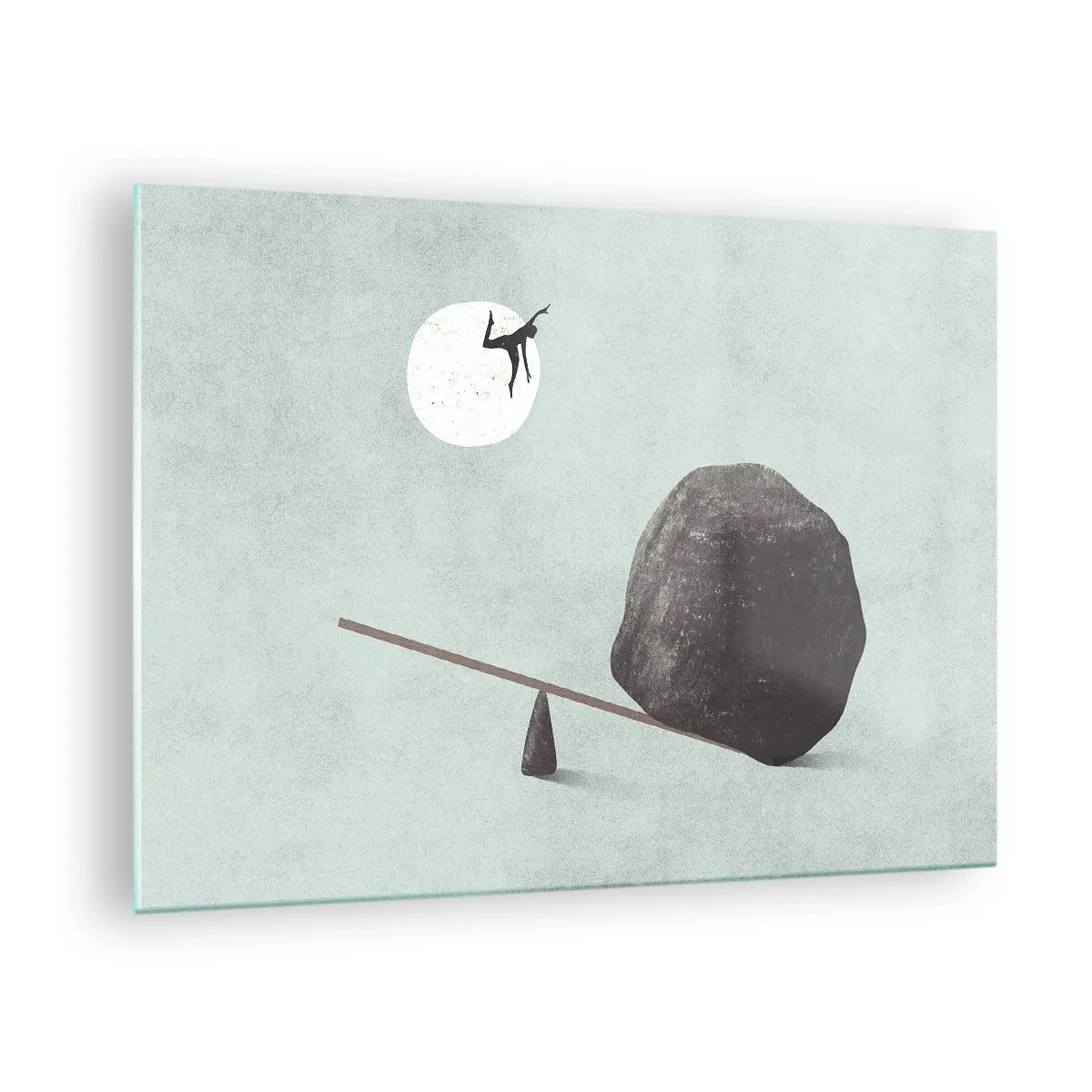 Obraz na szkle - Minimalistyczna scena z człowiekiem lecącym w stronę księżyca - 70x50cm - Spełnione marzenie - Nowoczesna dekoracja ścienna do salonu i sypialni ARTTOR