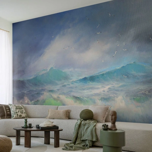 Fototapeta Premium Sand - Potężne fale oceanu w burzowej scenerii - 100x70cm - "Wicher z tryumfem zawył…' - Nowoczesna dekoracja ścienna do salonu, kuchni i sypialni ARTTOR