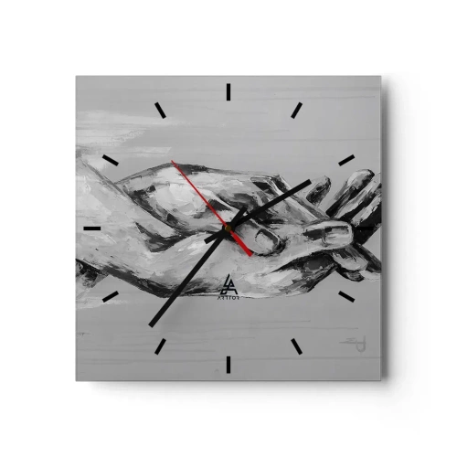 Zegar ścienny - Czarno-biała kompozycja dwóch splecionych dłoni na jasnym tle - 30x30cm - Początek… - Nowoczesna dekoracja ścienna do salonu i sypialni ARTTOR